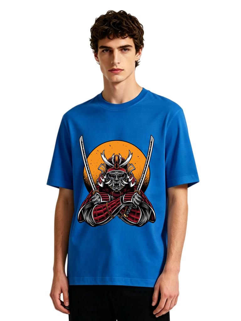 Mens Japanese Samurai Oni Mask Graphic Tshirt Retro Streetwear Print Casual Short Sleeve White Cotton Tee
