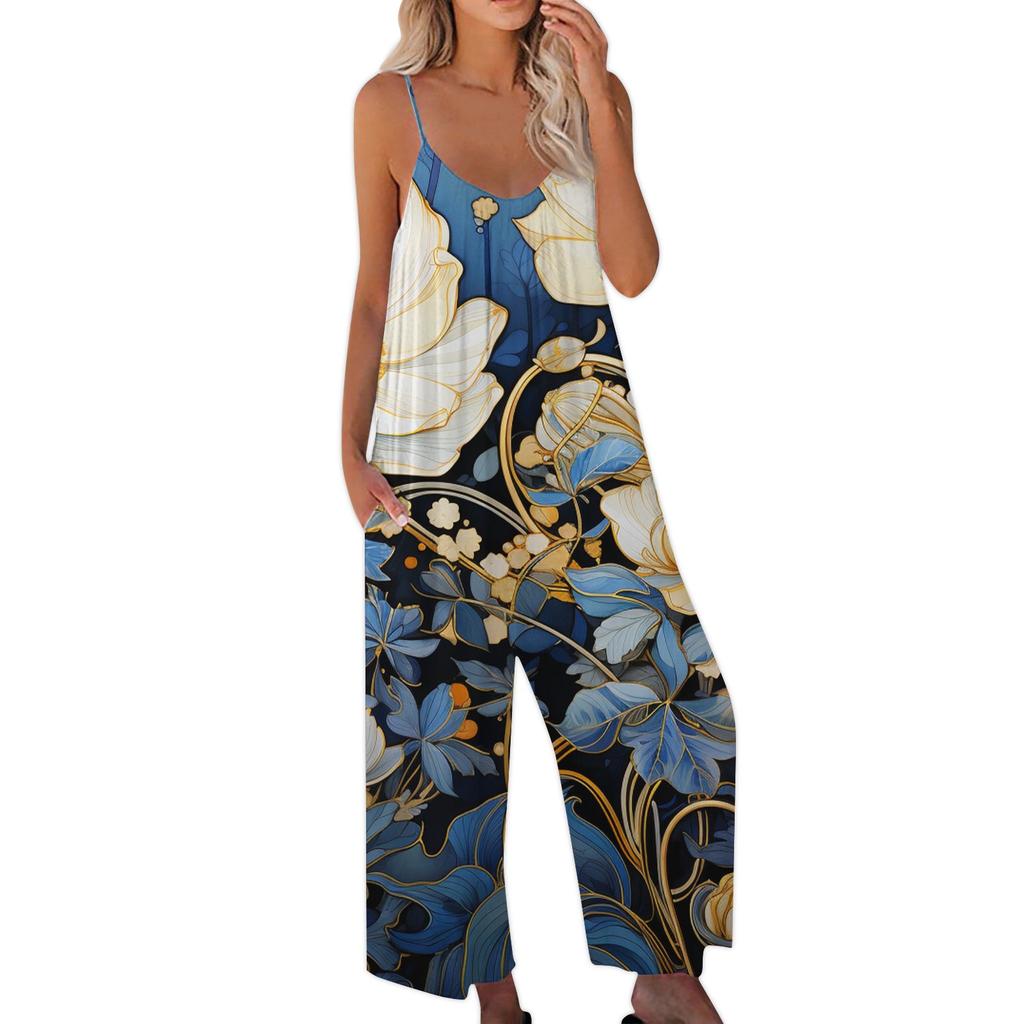 Women's Printed Jumpsuit Casual Loose Adjustable Suspender Jumpsuit