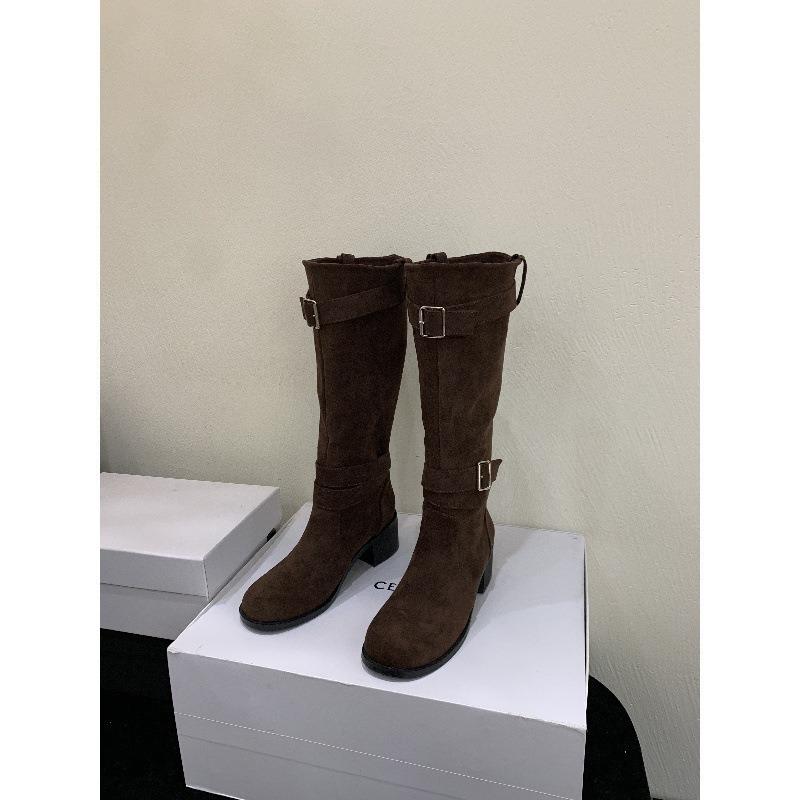 Neue Stiefel mit dickem Absatz, aber kniehohem Schaft, Skinny-Ritter-Martin-Stiefel für Damen, Retro-Wildleder, High Heel, langer Schaft, Blockabsatz, lange Stiefel
