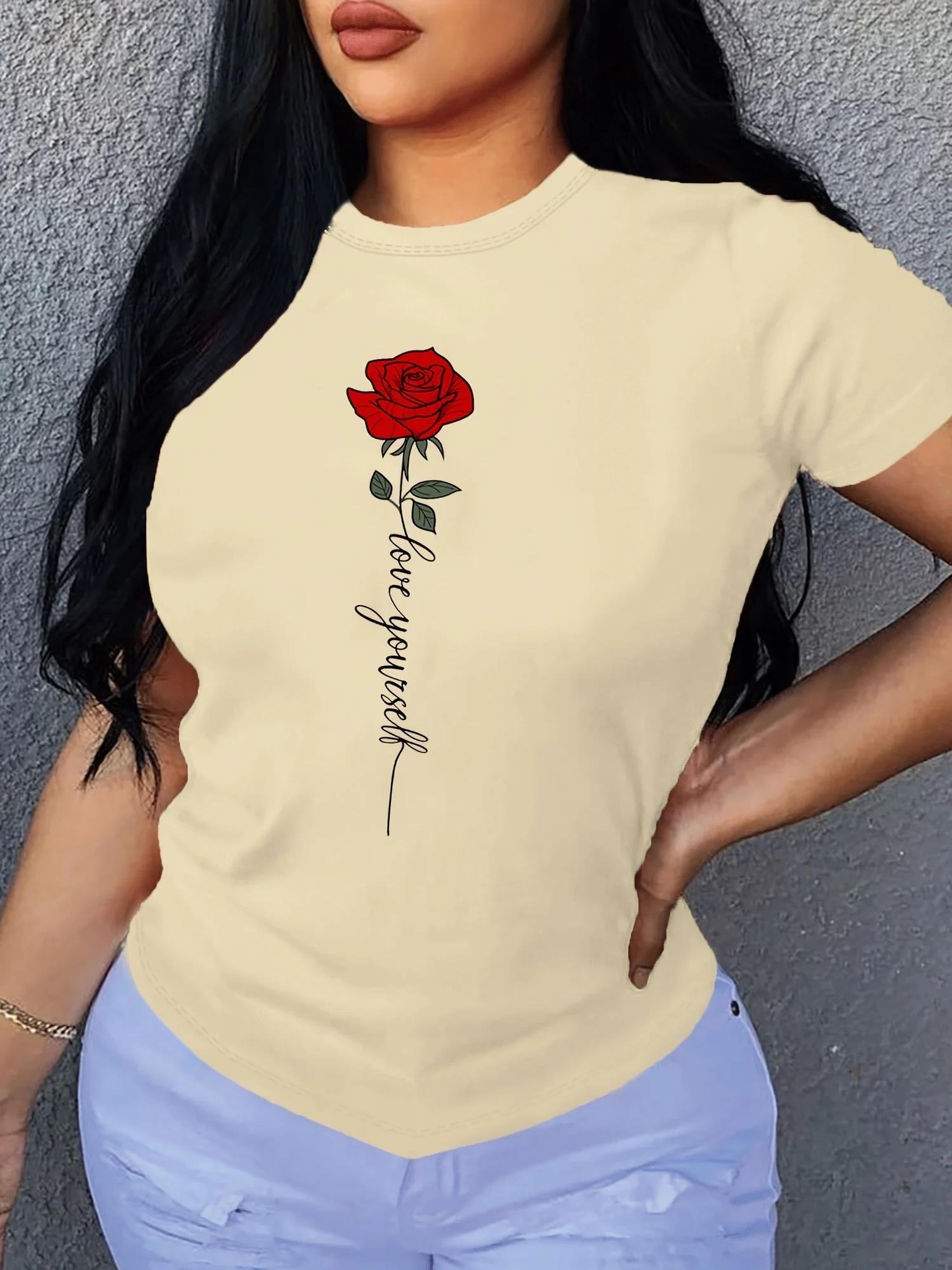

Letter & Rose Print T-Shirt Crew Neck Short Sleeve T-Shirt Casual Every Day Tops Women s Clothin Women Clothes 8XL
