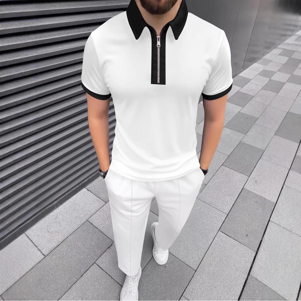 European & American Slim Fit Zipper Lapel Short Sleeve Printed Polo Shirt for Men