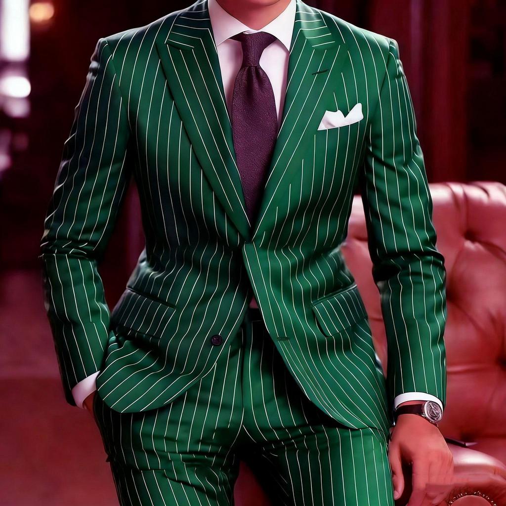 Fashion Double Breasted Peaked Lapel Blazer Royal Blue Striped Men's Suits Custom Wedding Tuxedos 2 Pieces Jacket Pants Outfits