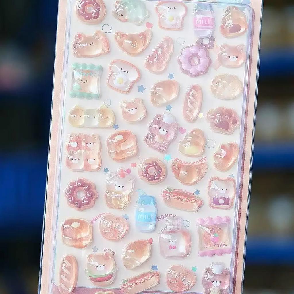 1-6Pcs Kawaii 3D Jelly Resin Stickers Cute Cartoon Sparkle Transparent Decals For Scrapbooking Phone Case Laptop Diy Decor.