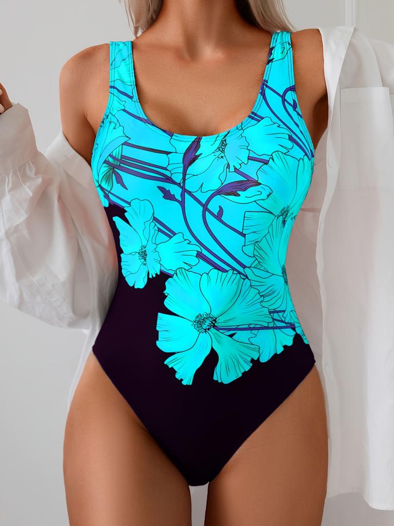 Women's One-Piece Swimsuit Slim Fit Waist-Cinching Round Neck Floral Print Black with Pink Flowers High Elasticity Swimsuit for Beach Pool Summer