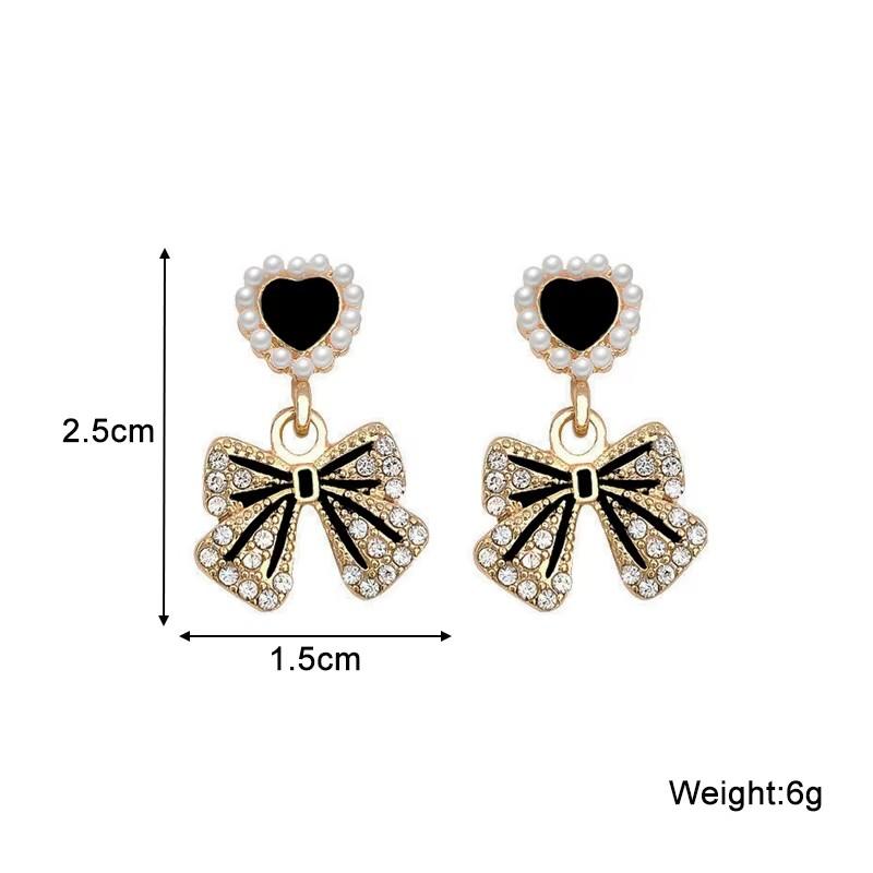 Black Dangle Earrings Crystal Square Pendants Women's Hanging Earrings Korean Bowknot Pearl Flower Earrings