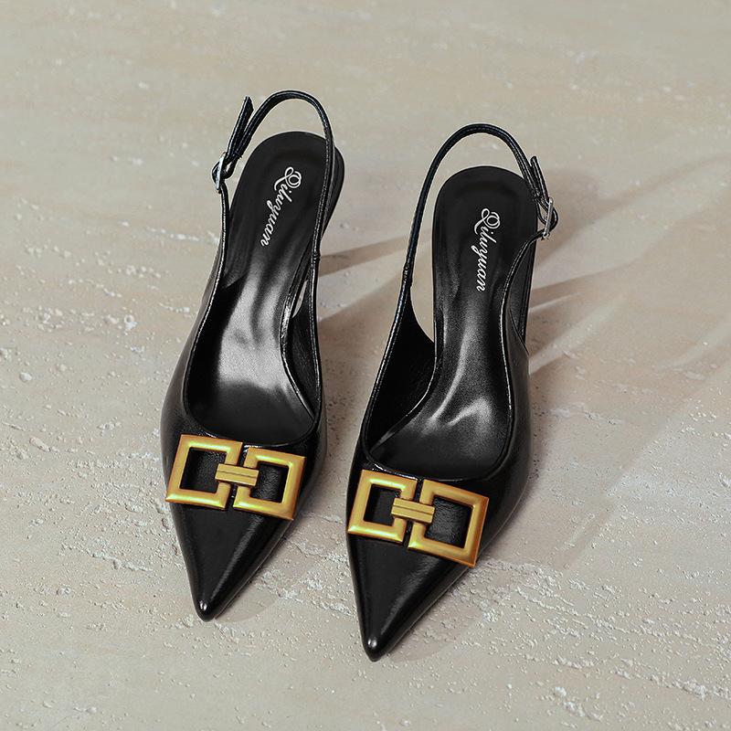 French bag head sandals women's 2025 new summer large size one-word strap high heels thin heel pointed empty small single shoes