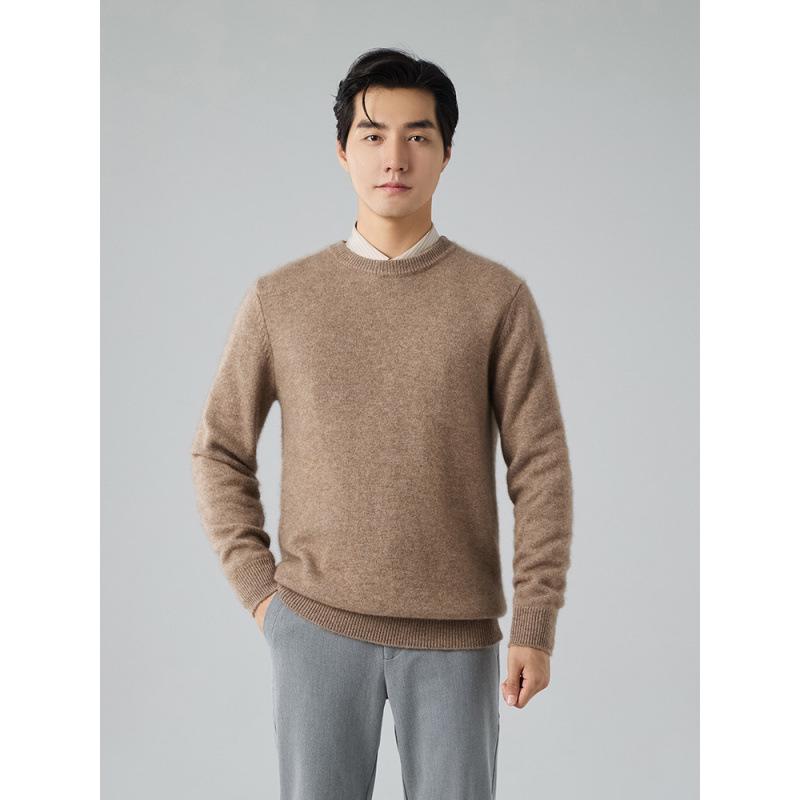 Men's Winter 2025 Cashmere Round Neck Sweater - Thick, Long Sleeve, Business Casual, Solid Color Knit Base Layer