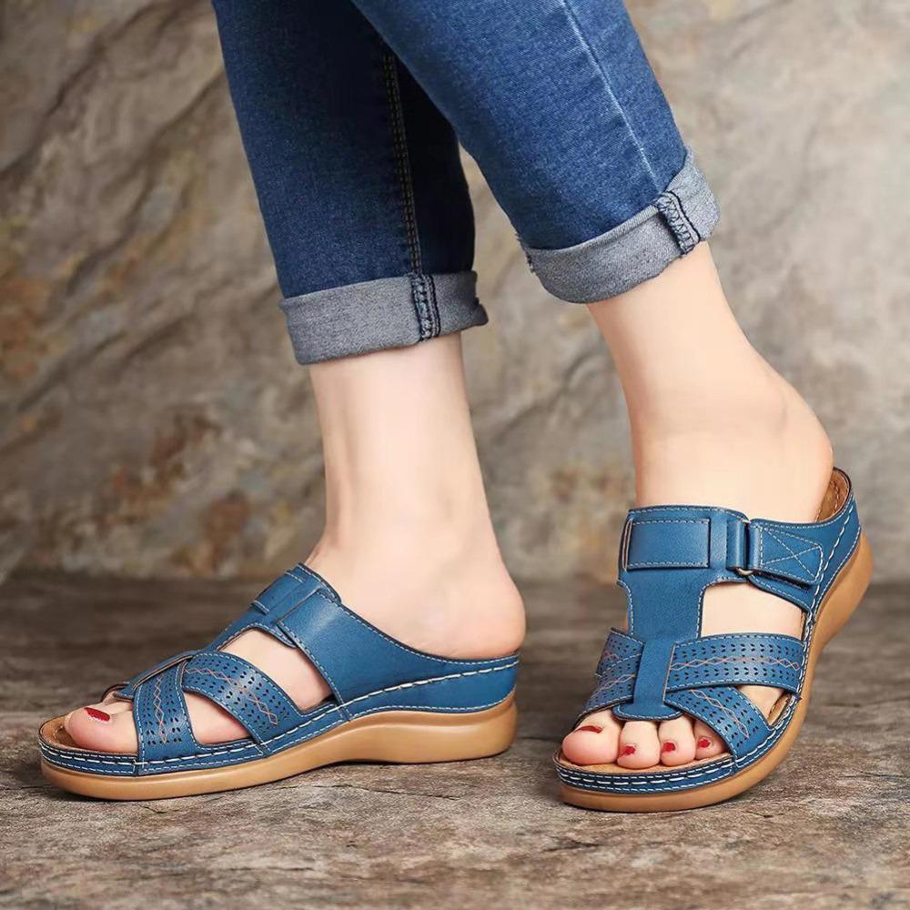 Women's Plus Size Retro Wedge Heel Leather Slippers - One-Strap, Thick Sole, Summer Casual