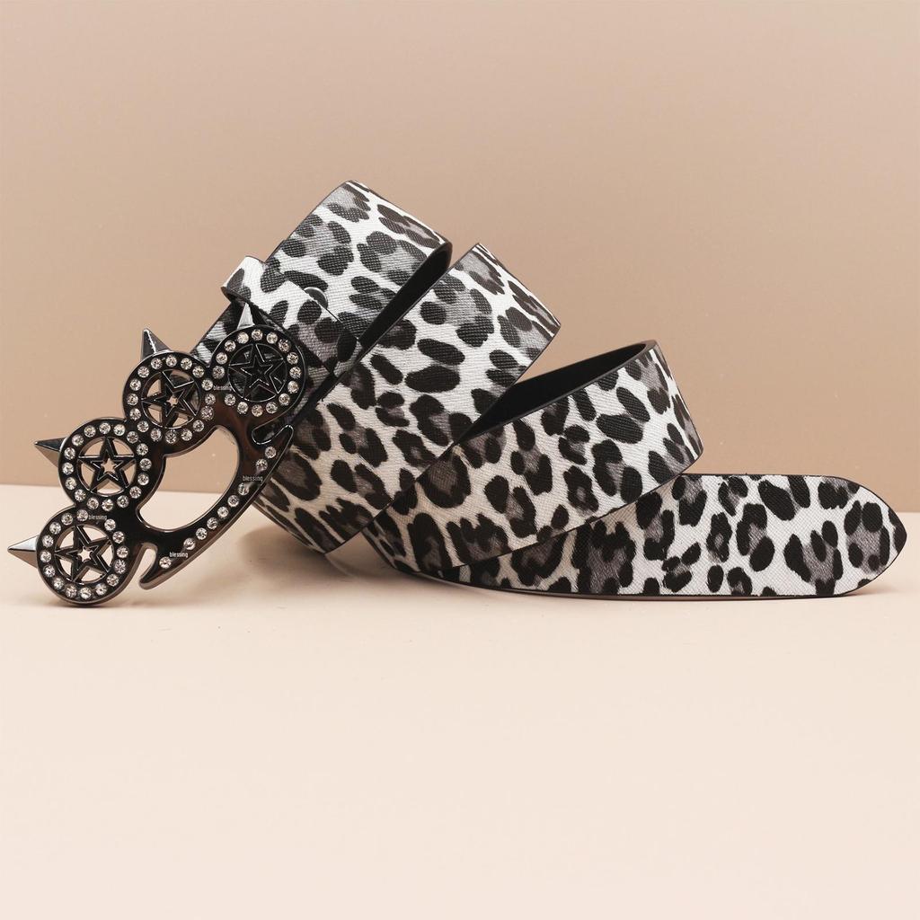Y2K Leopard Print Rhinestone Tiger Claw Punk Women's Leather Belt