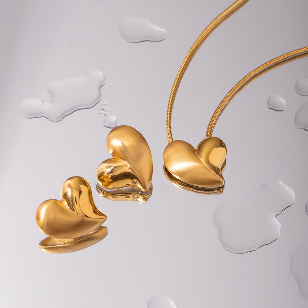 JD 18k Gold & Stainless Steel Pendant Necklace and Earring Set - Smooth & Brushed Design