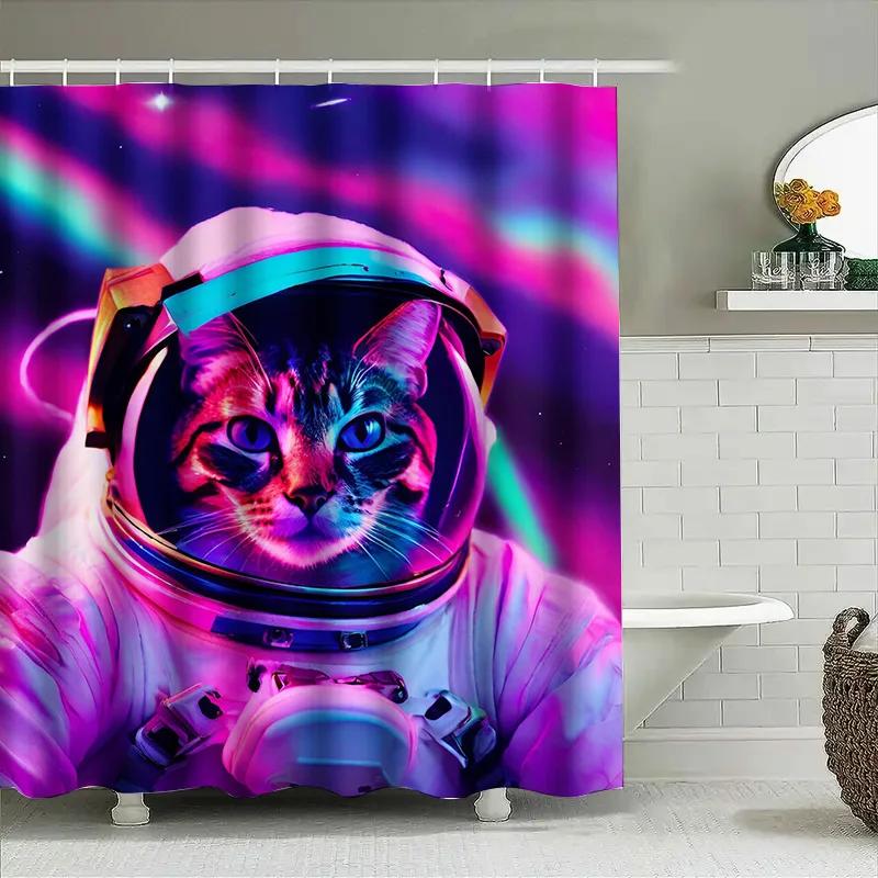 Space Explorer Cat Bath Mat Astronaut Shower Curtain Neon Purple Pink Blue Galaxy Space Decor For Bathroom Perfect Gift Ideas Fo