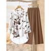 Flower Print Two Piece Outfit Women Long Sleeve Irregular Hem Tunic Top Wide Leg Pants Casual Matching Set