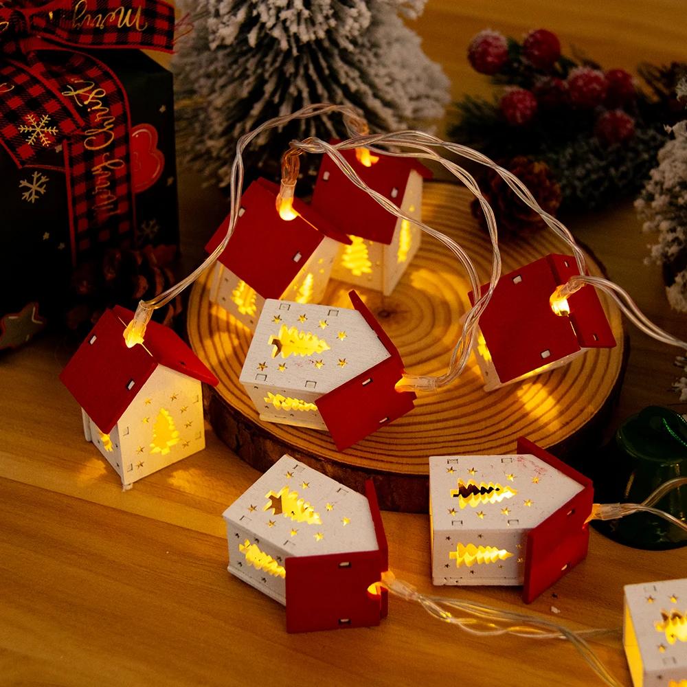 1.5M 10LED Christmas Wooden House LED String Light Xmas Tree Hanging Ornament Christmas Decoration For Home Navidad Gifts 2025