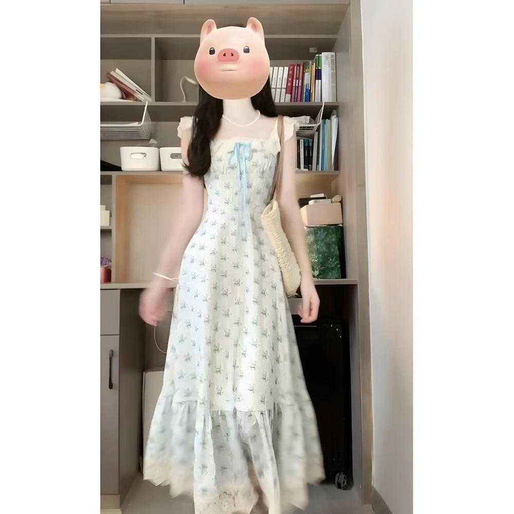 

Наденьте синее платье в цветочек на свидание, летние короткие рукава-крылышки, супер фея, нежный ветер, талия и тонкая юбка XL- (recommended 110-60kg)