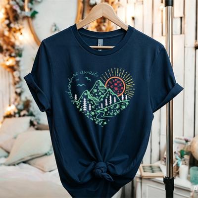 Adventure Awaits Heart Mountain Sun Nature Graphic TShirt Outdoor Hiking Camping Wanderlust Travel Lover Soft Cotton Casual Tee