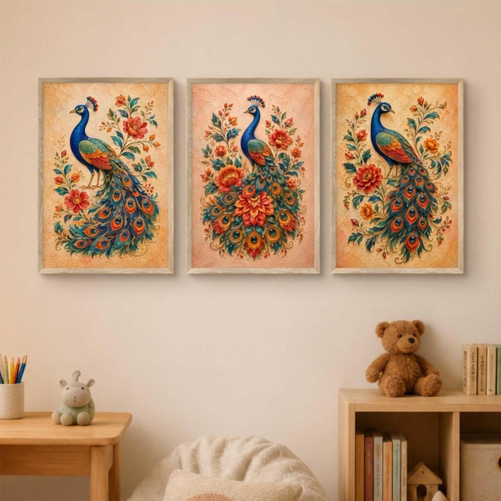 Livin'luxe Set of 3 Peacock Floral Wall Paintings for Living Room Bedroom Home Decor with Premium Wooden Color Synthetic Frame, Ethnic Art
