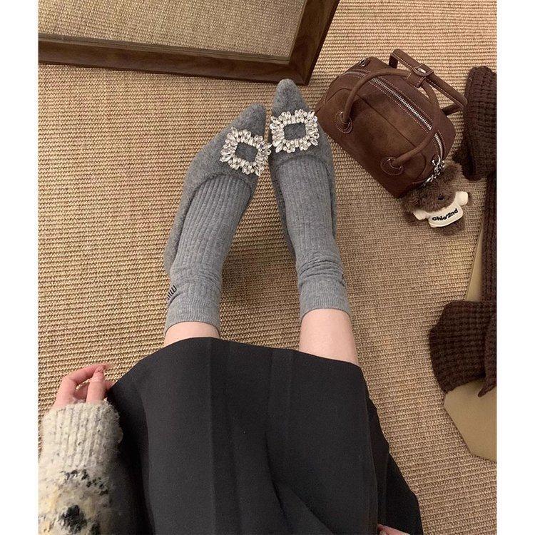 

The Inner Height Of The Cotton Shoes With Fleece Tip Increases, The New Single Shoes Are Gray Square Buckle Rhinestone Temperament, Autumn And Winter 35 серый