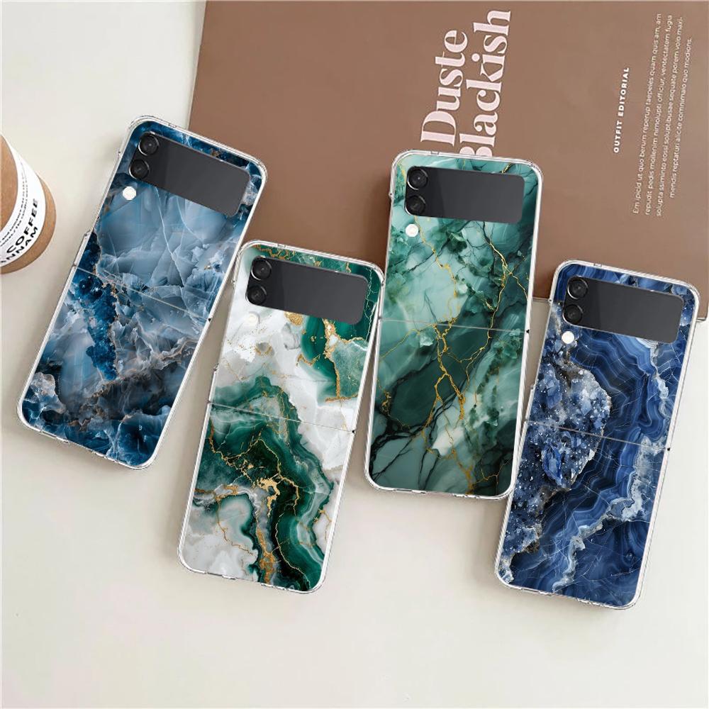 Transparent Phone Case For Samsung Galaxy Z Flip 3 4 5 6 7 Hard Folding PC Z Flip3 Flip4 Cover Marble Stone