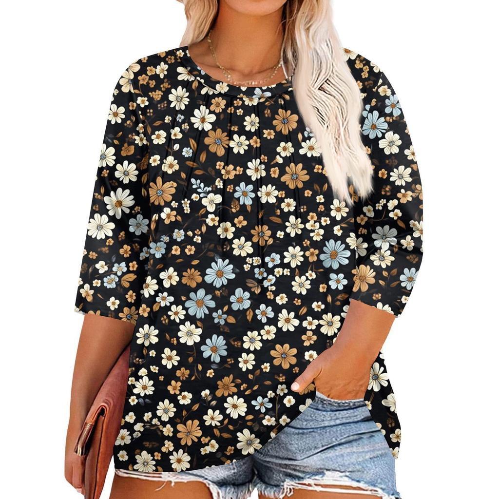 Women's Printed Round Neck Plus Size Tops 3/4 Sleeves Elegant Shirt Tops