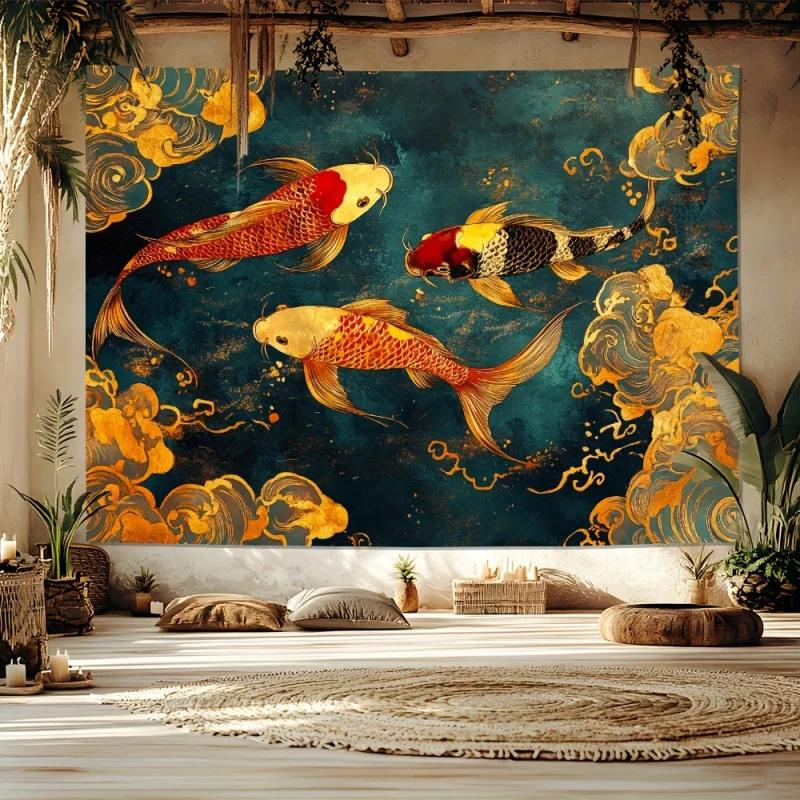 Lucky Koi Fish Tapestry Traditional Japanese Art Koi and Golden Clouds Wall Hanging Background Cloth for Home 100X70CM