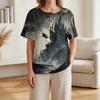 Women Casual Short Sleeve Henley Shirt with Chest Pocket Halloween Themed Graphic Print Cotton Linen Blended Fabric Relaxed Fit
