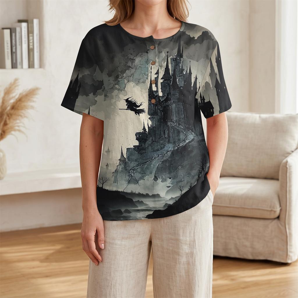 Women Casual Short Sleeve Henley Shirt with Chest Pocket Halloween Themed Graphic Print Cotton Linen Blended Fabric Relaxed Fit