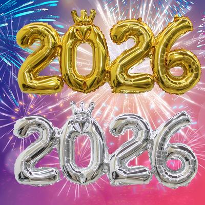 בלון נייר כסף מספר 2026 כתר - לקישוטי חג המולד והשנה החדשה, ציוד למסיבה חגיגית, קישוטי חג המולד
