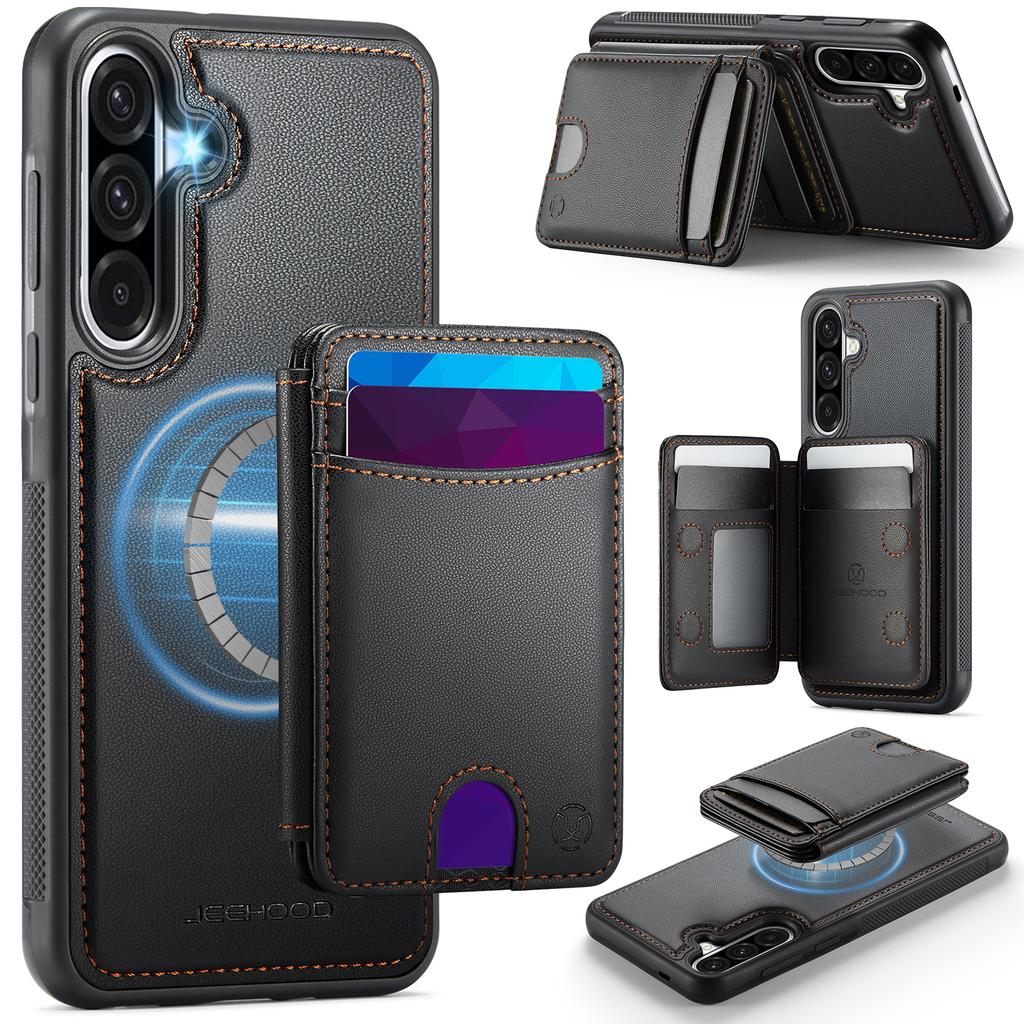 For Samsung Galaxy A36 5G Magnetic Case JEEHOOD J10 Leather Back Phone Cover with Detachable Card Holder Kickstand