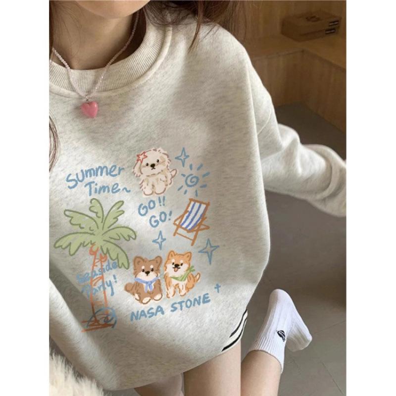 Women's Fleece-Lined Sweatshirt: Cartoon Cat, White & Gray, Long Sleeve, Round Neck, Autumn/Winter 2025 Style