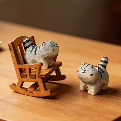 Hand Carved Wooden Tabby Cat Figurine Statue Ornament Cute Kitten Desktop Home Decor Rocking Chair Set Wood Art Decor Gift