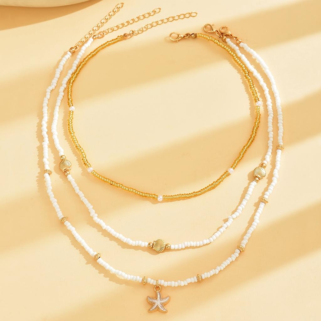 3 Pieces Women Fashion Choker Necklaces Shell Starfish Pendant Pearl Beads Golden Beads Minimalist Style Summer Beach Vacation Gift
