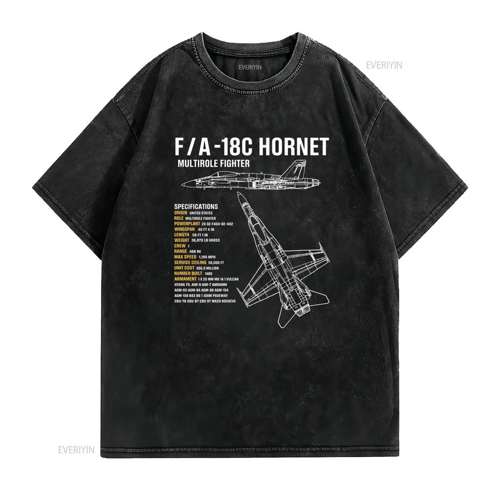 Cool Line Art F A C Hornet Multirole Fighter Jet Specs Print Casual T Shirt vintage Washed graphic Unisex streetwear Stylish
