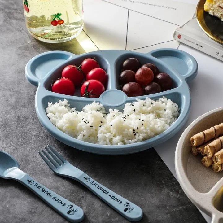 Wheat Bear Kids Dinner Set: Creative Compartment Plate, Breakfast Plate, Fork & Spoon for Babies