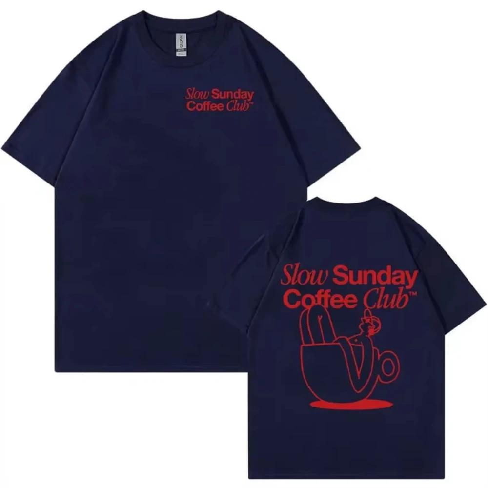 Slow Sunday Coffee Club Funny Meme T Shirt Men Retro Fashion Oversized Cotton T-shirts Women Harajuku Aesthetic Clothing T-shirt