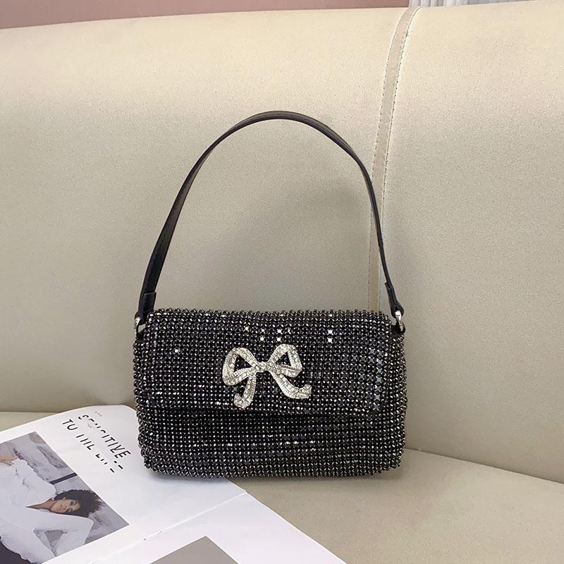 Full Rhinestone Bow Large Capacity Portable Personalized Banquet Diamond Flip Small Square Bag Underarm Crossbody