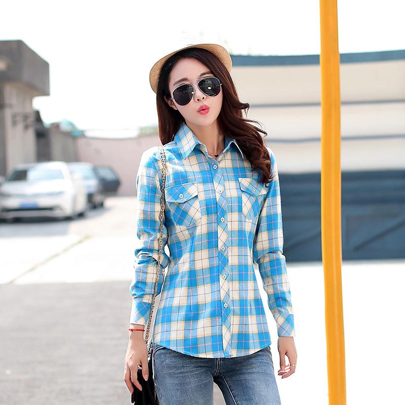 New Cotton Women's Shirts Grid Plus Size M-5XL Blouse Shirt Casual Long Sleeve Checkered Shirt  Turn-down Collar Streetwear