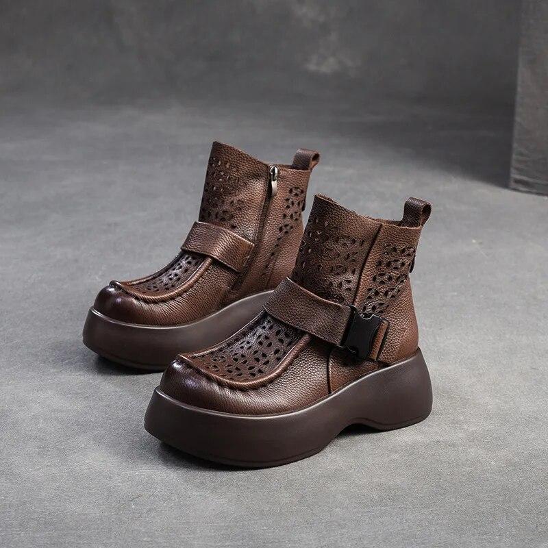 Johnature Breathable Hollow-out Boots Genuine Leather Lightweight Platform Sandals Thick Sole Women's Shoes