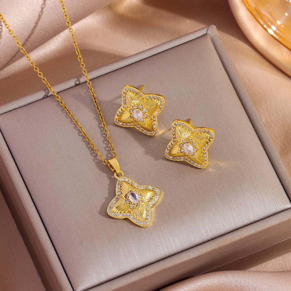 Top Luxury Gold Plated Copper Pendant Necklaces Earrings For Women Trendy Fashion Female Jewelry Set Girls Clavicle Chain