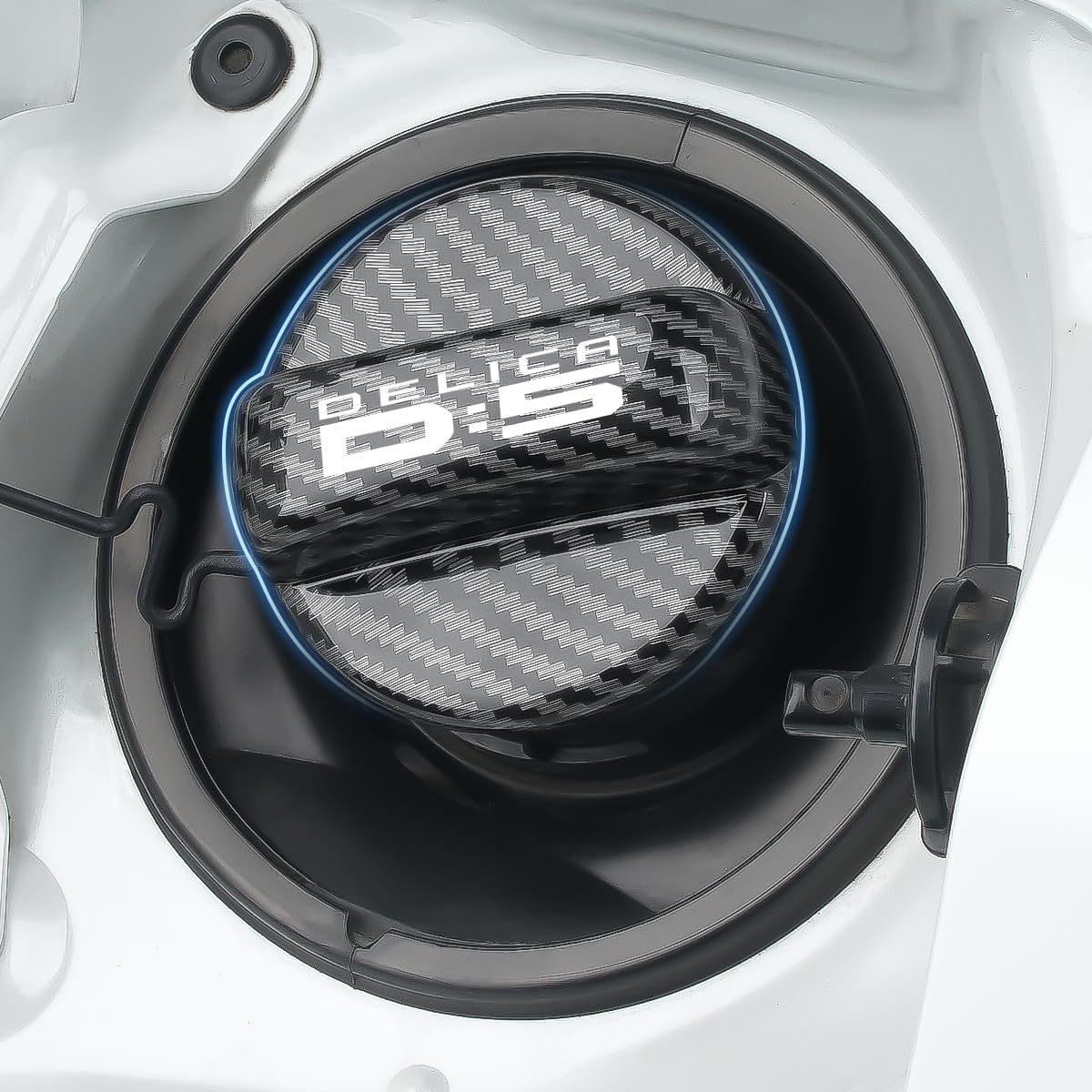 

Fuel cap garnish for Delica Custom part with carbon fiber look and metal Stylish car exterior D5 (new model). logo. accessory. (1 piece)