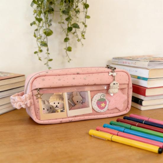 Pencil Case Star Design Extra Large Capacity Zipper Closure Pencil Pouch with DIY Storage Transparent Window School Supplies