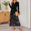 women retro printed long-sleeved comfortable loose dress, elegant dress