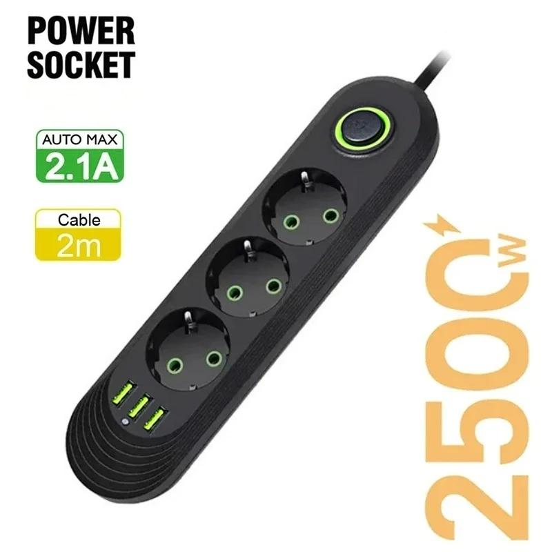 EU Plug Power Strip with 3 USB Ports 2M Cable Extension Cord Socket Network Filter Round Pin AC Outlet Electrical Charge Adapter