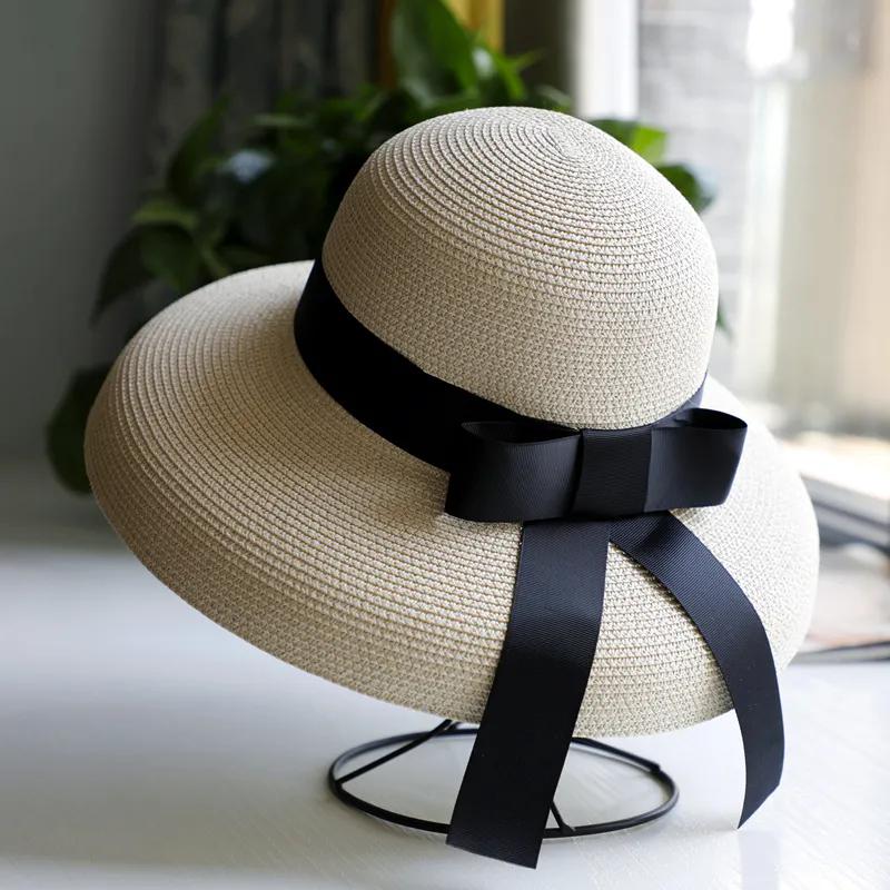 WTEMPO Black Bow Casual Foldable Summer Straw Hats Women's Wide Brim Solid Color Outdoor Beach Sunscreen Hats