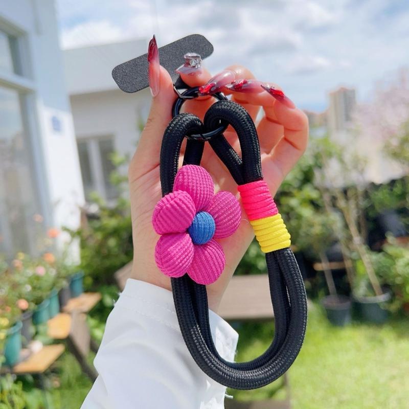 Modisches dehnbares Nylon-Handy-Lanyard mit floralem Akzent T-förmigem Clip Universell für Smartphones Schlüsselanhänger
