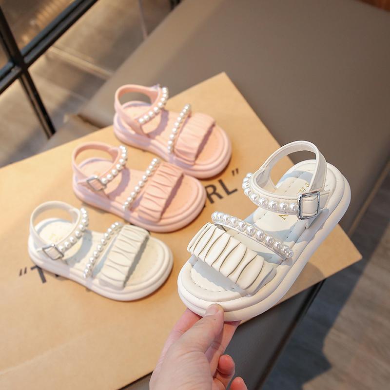 Girls Princess Shoes Pleated Ins Trendy Kids Sandals Beads Sweet Soft Sole 2025 Summer New Children Beach Shoes Open Toes Cute