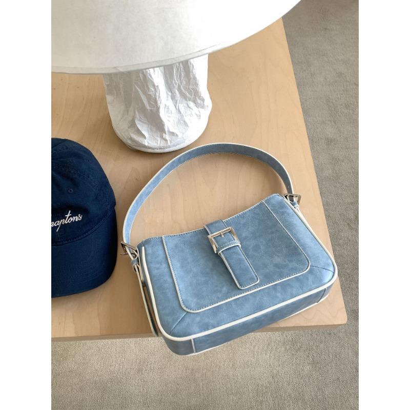 

Simple shoulder bag trend fashion retro feeling armpit bag niche contrasting color design new small square bag синий