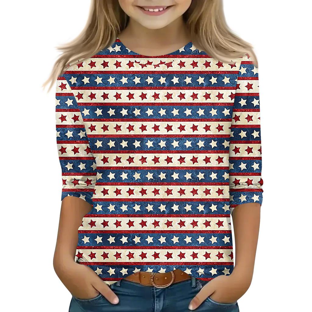 Print Tops For Youth Girls 3-10 Years Round Neck 3/4 Sleeves T-Shirts Trendy Tops Outfit Tees