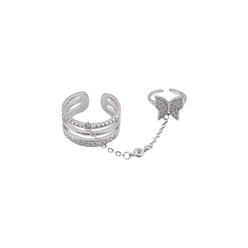 Butterfly Rhinestone Double-Finger Tassel Ring - Women's Unique Chain Design