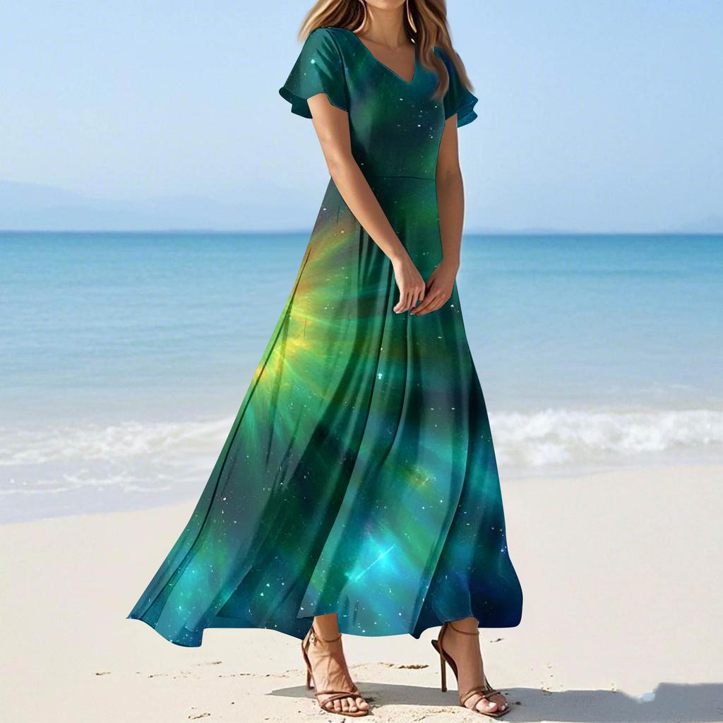 Women's Summer Casual Fashion -Print V-Neck Short-Sleeve Patchwork Dress
