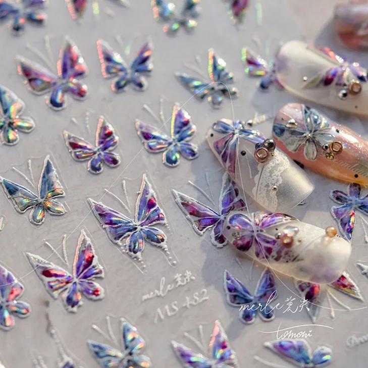 Shiny Jelly Butterfly Charming Golden Gradient Bowknot 5D Self Adhesive Nail Art Sticker Flower Petal Rhinestone Manicure Decals